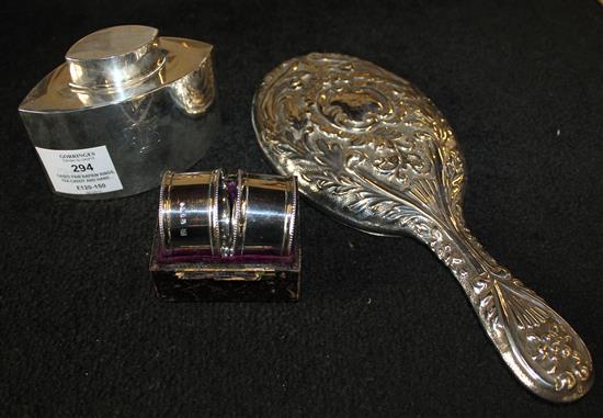 Cased pair napkin rings, tea caddy and hand mirror